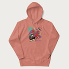 Light pink hoodie with Japanese crane graphic in vibrant colors and Japanese text '鶴' (Crane) and '高く飛ぶ' (Fly High).