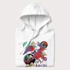 Folded white hoodie with Japanese crane graphic in vibrant colors and Japanese text '鶴' (Crane) and '高く飛ぶ' (Fly High).