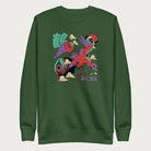 Forest green sweatshirt with a vibrant psychedelic Japanese crane graphic and Japanese text.