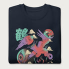 Folded navy blue sweatshirt with a vibrant psychedelic Japanese crane graphic and Japanese text.