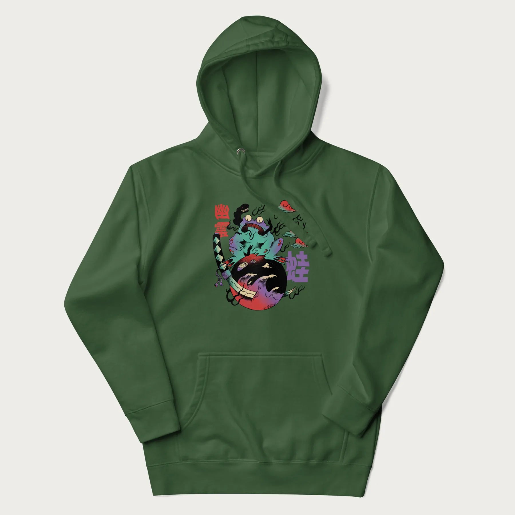 Forest green hoodie with Japanese psychedelic graphic of a frog with text '蛙' (Frog) and '幽靈' (Ghost) in Japanese characters.