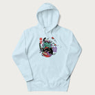 Light blue hoodie with Japanese psychedelic graphic of a frog with text '蛙' (Frog) and '幽靈' (Ghost) in Japanese characters.