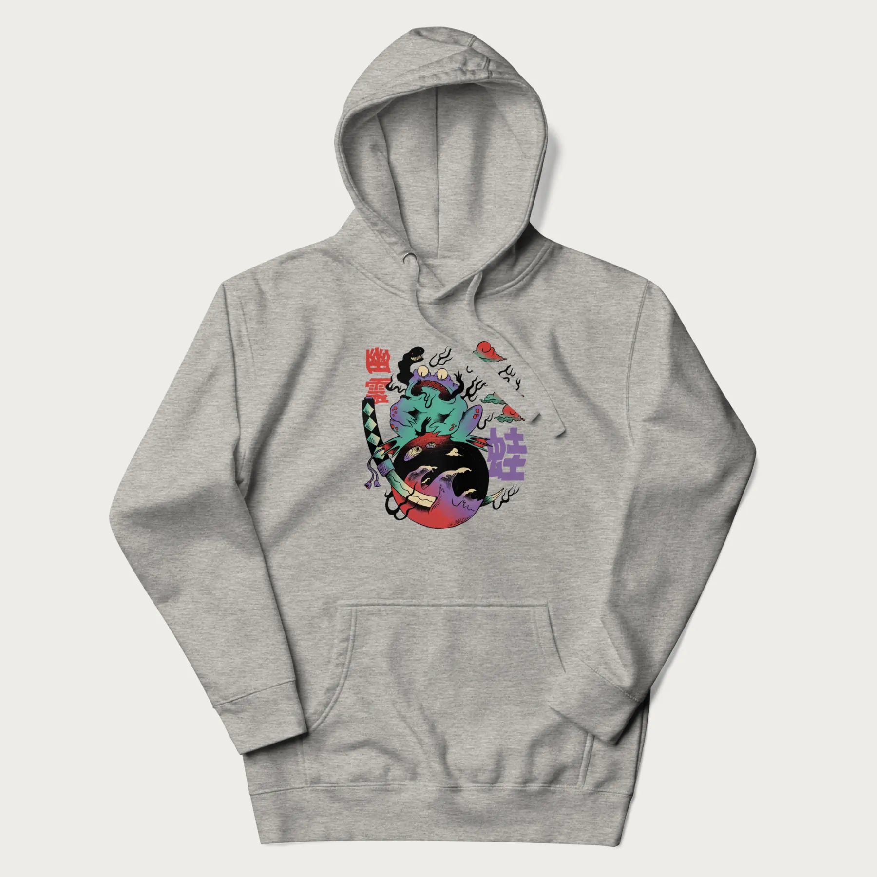 Light grey hoodie with Japanese psychedelic graphic of a frog with text '蛙' (Frog) and '幽靈' (Ghost) in Japanese characters.