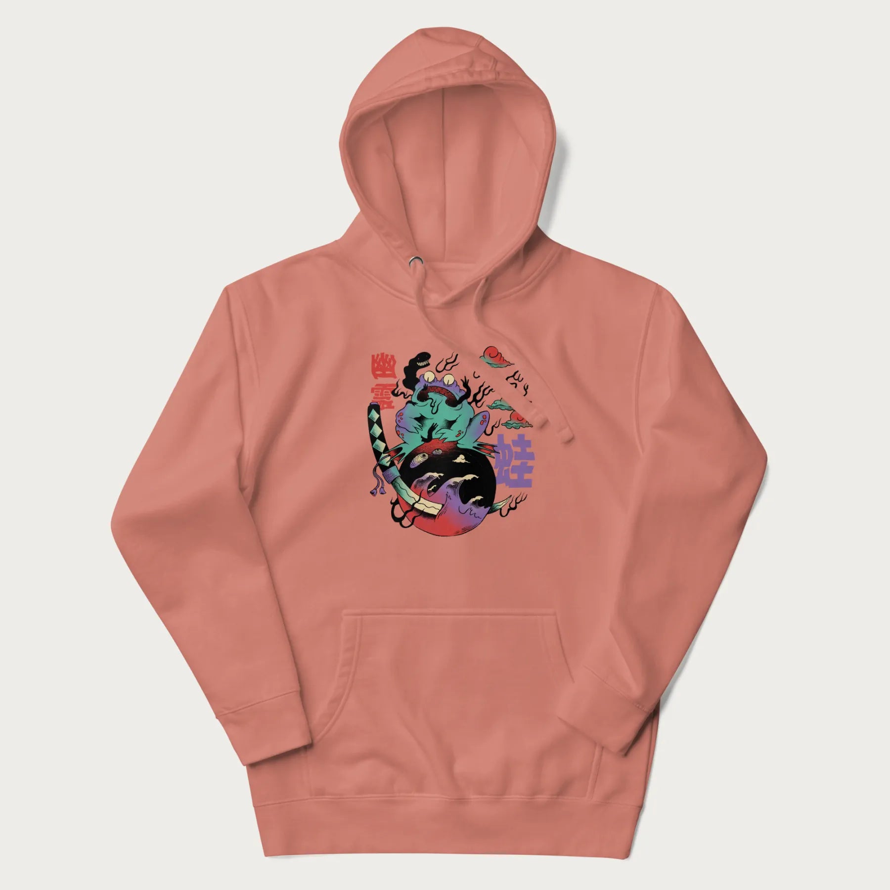 Light pink hoodie with Japanese psychedelic graphic of a frog with text '蛙' (Frog) and '幽靈' (Ghost) in Japanese characters.