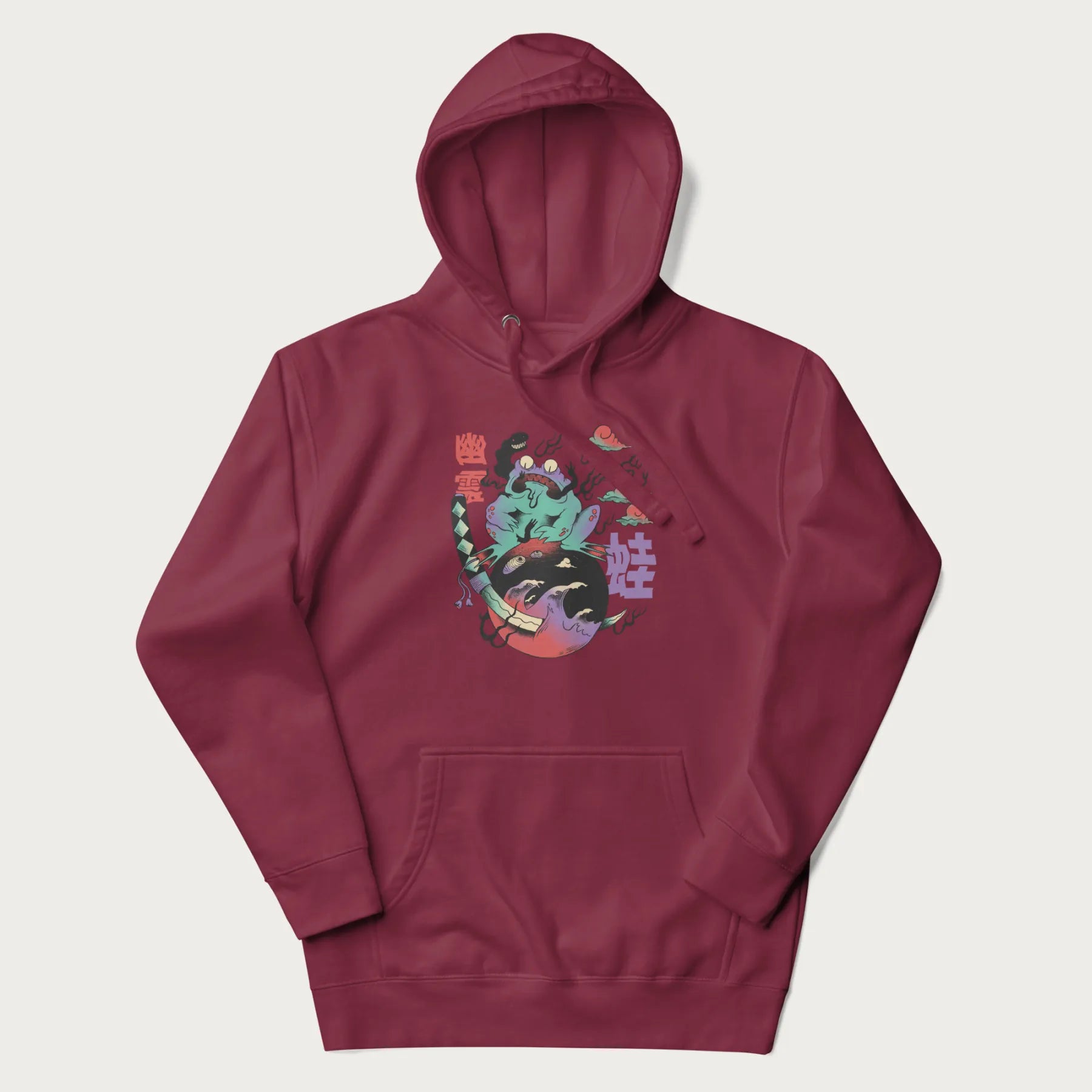 Maroon hoodie with Japanese psychedelic graphic of a frog with text '蛙' (Frog) and '幽靈' (Ghost) in Japanese characters.