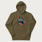 Military green hoodie with Japanese psychedelic graphic of a frog with text '蛙' (Frog) and '幽靈' (Ghost) in Japanese characters.