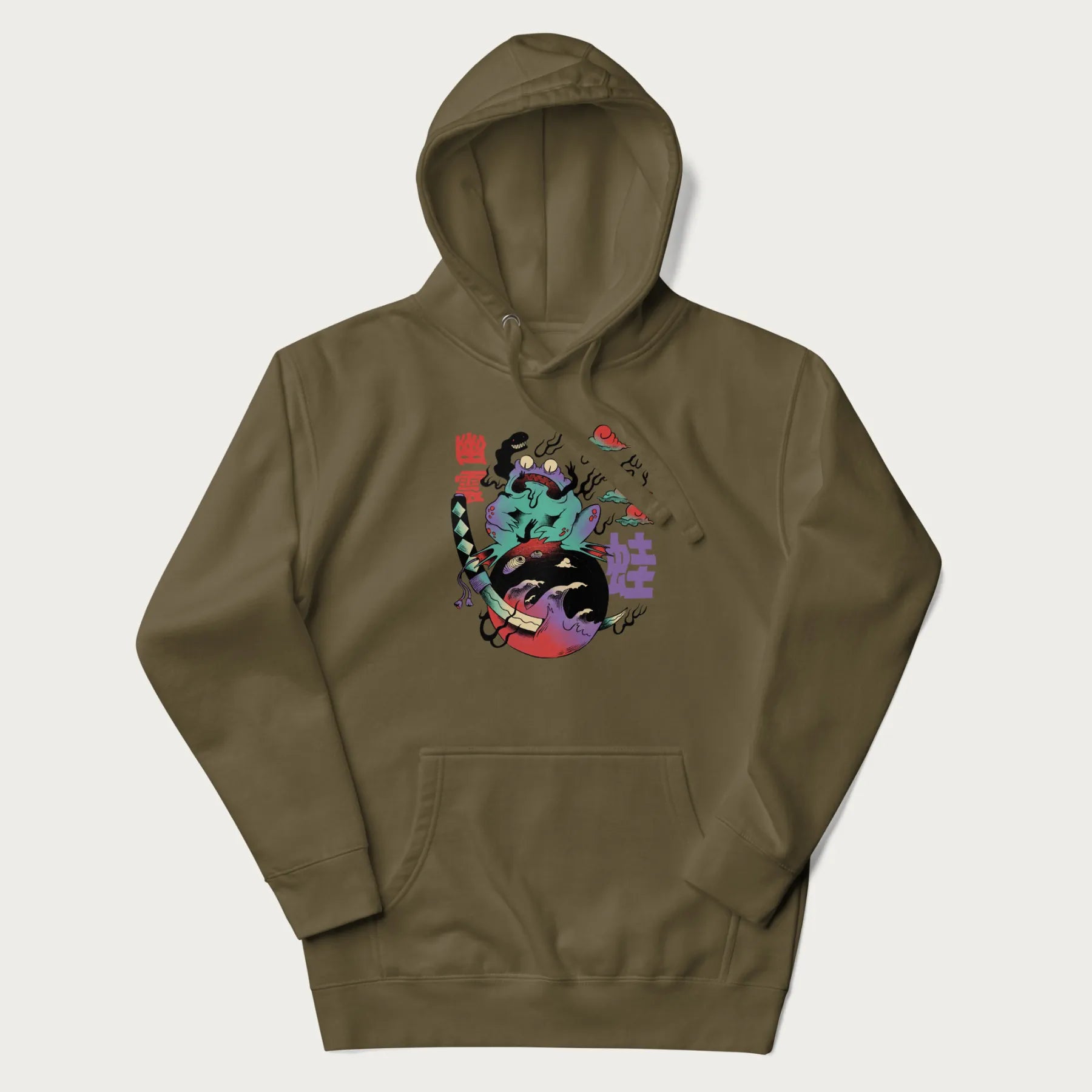 Military green hoodie with Japanese psychedelic graphic of a frog with text '蛙' (Frog) and '幽靈' (Ghost) in Japanese characters.