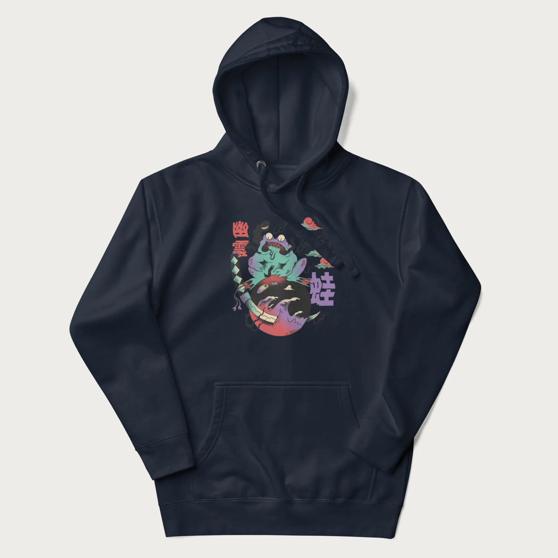 Navy blue hoodie with Japanese psychedelic graphic of a frog with text '蛙' (Frog) and '幽靈' (Ghost) in Japanese characters.