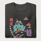 Folded dark grey sweatshirt with a psychedelic Japanese frog graphic in vibrant colors with Japanese text.