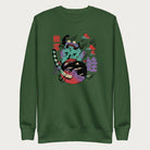 Forest green sweatshirt with a psychedelic Japanese frog graphic in vibrant colors with Japanese text.