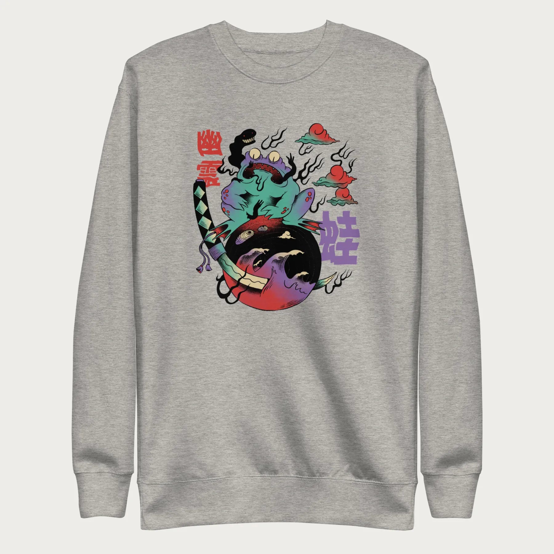 Light grey sweatshirt with a psychedelic Japanese frog graphic in vibrant colors with Japanese text.