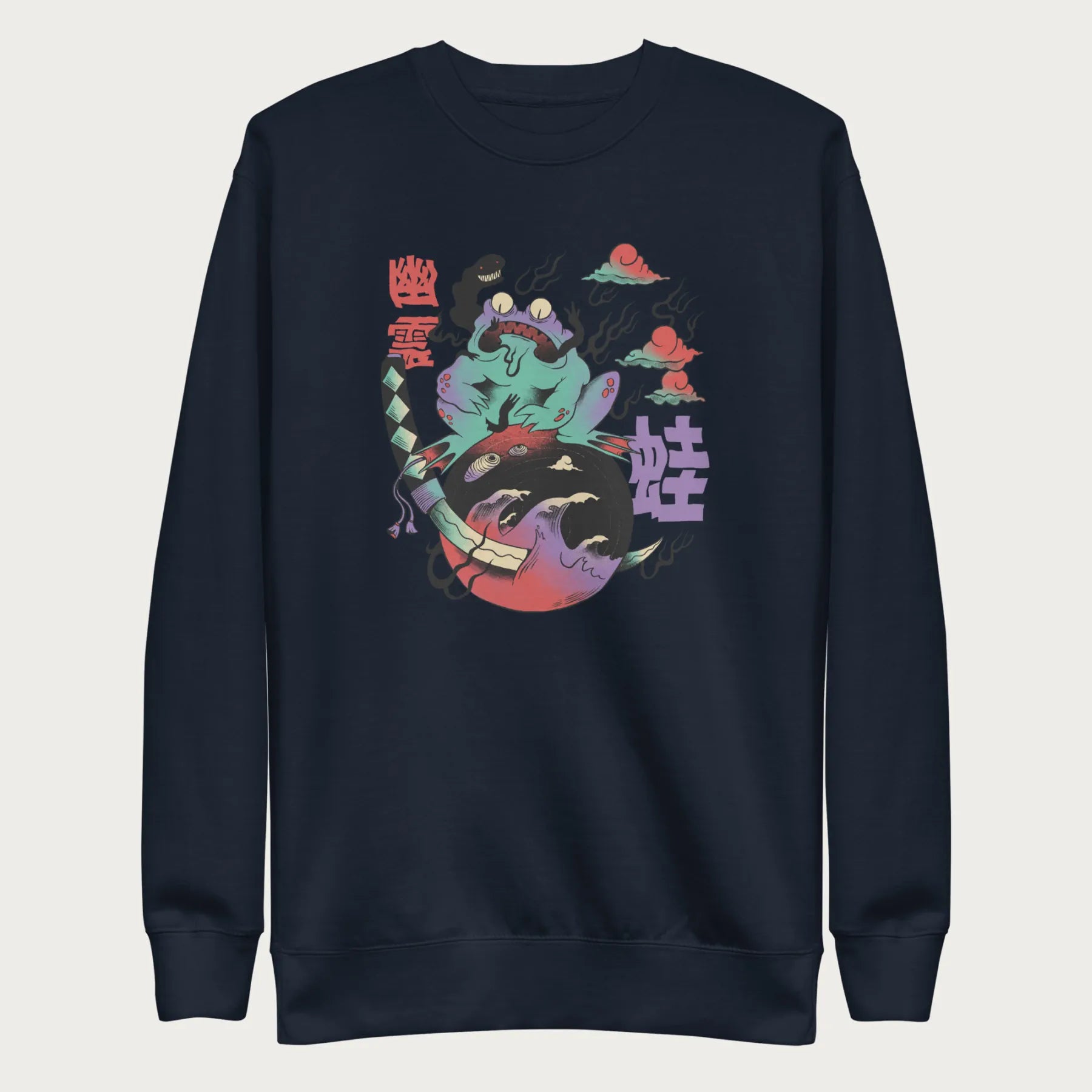 Navy blue sweatshirt with a psychedelic Japanese frog graphic in vibrant colors with Japanese text.