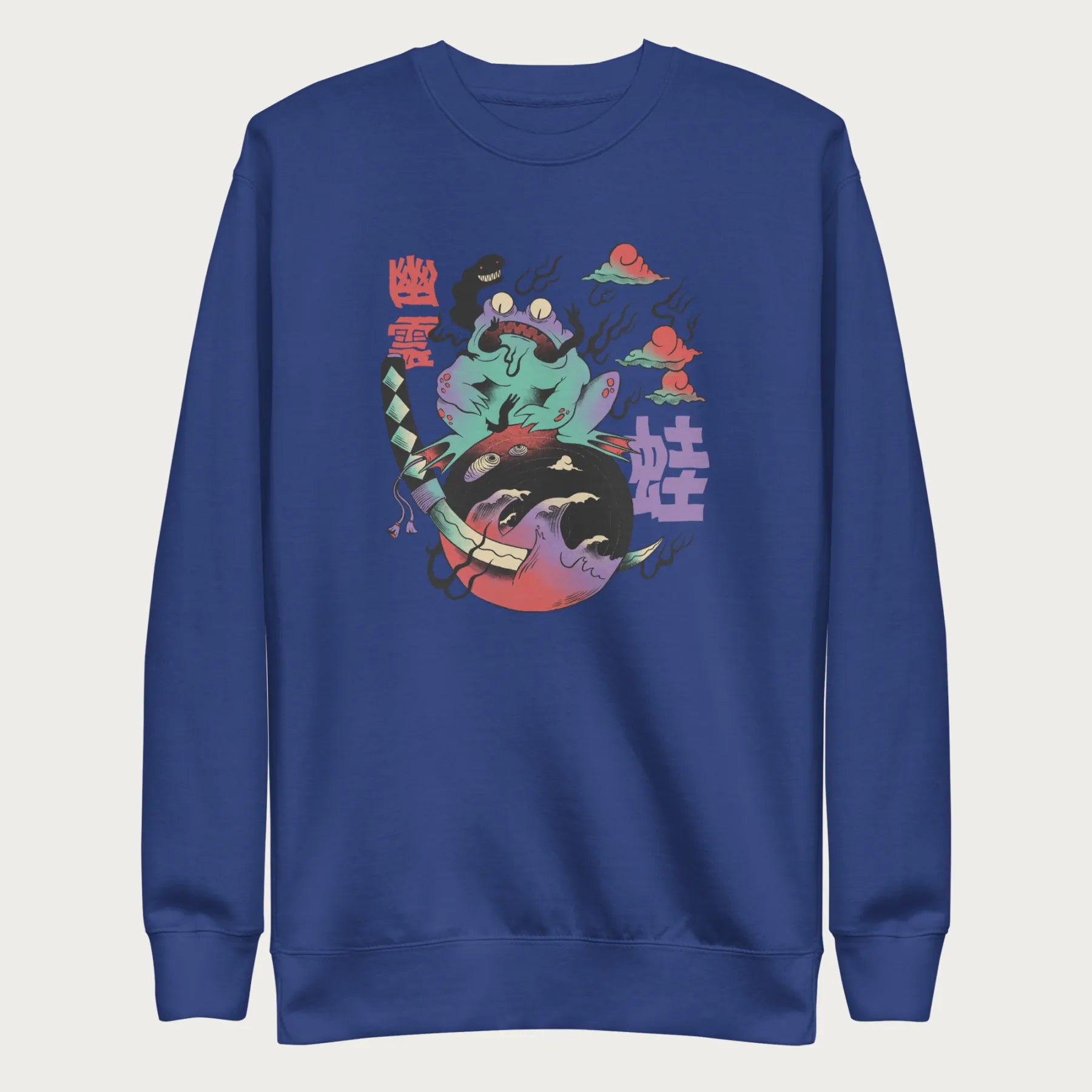 Royal blue sweatshirt with a psychedelic Japanese frog graphic in vibrant colors with Japanese text.