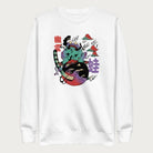 White sweatshirt with a psychedelic Japanese frog graphic in vibrant colors with Japanese text.