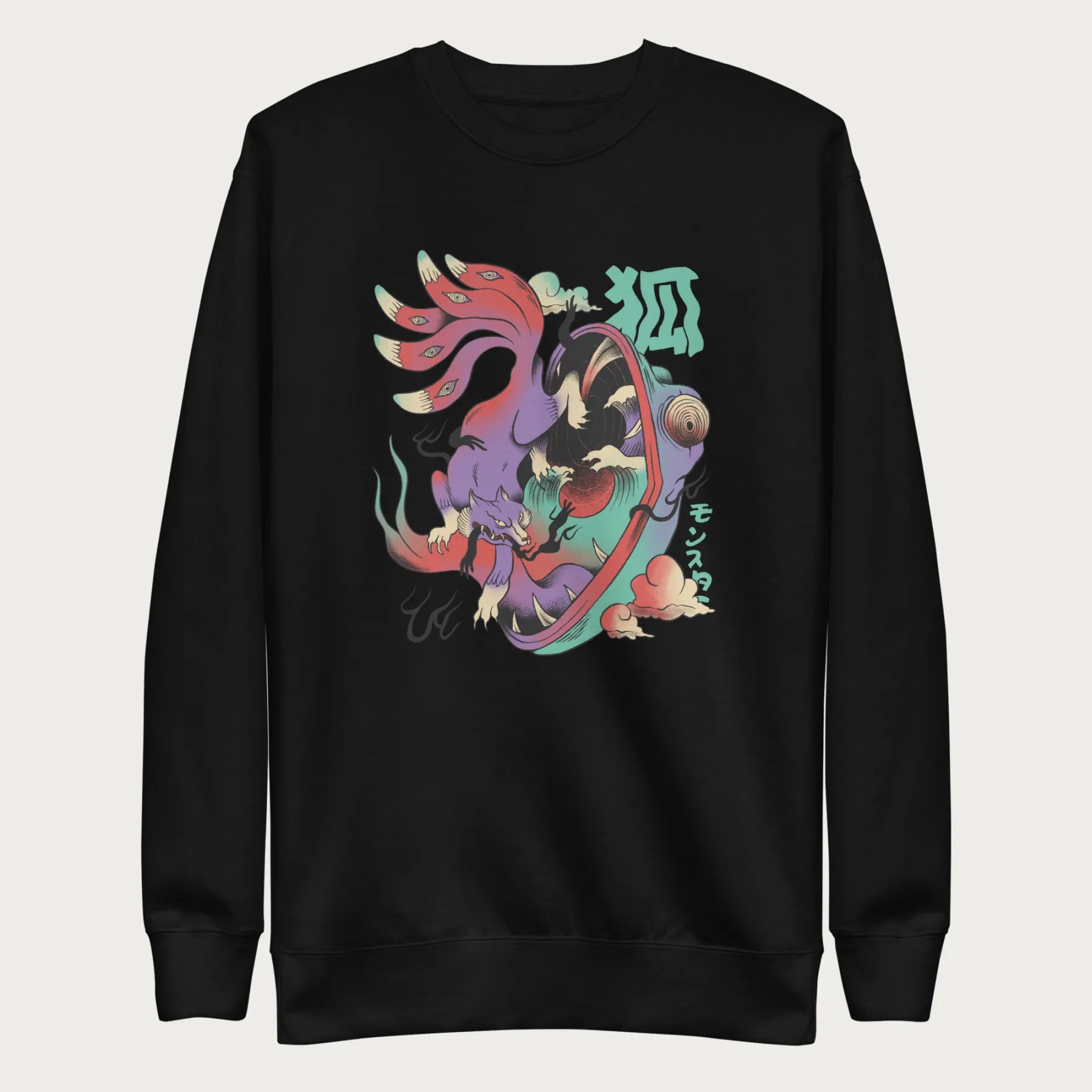 Black sweatshirt with Japanese text and a psychedelic Japanese fox graphic featuring vibrant colors and intricate details.