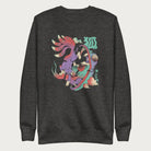 Dark grey sweatshirt with Japanese text and a psychedelic Japanese fox graphic featuring vibrant colors and intricate details.