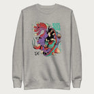 Light grey sweatshirt with Japanese text and a psychedelic Japanese fox graphic featuring vibrant colors and intricate details.