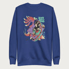 Royal blue sweatshirt with Japanese text and a psychedelic Japanese fox graphic featuring vibrant colors and intricate details.