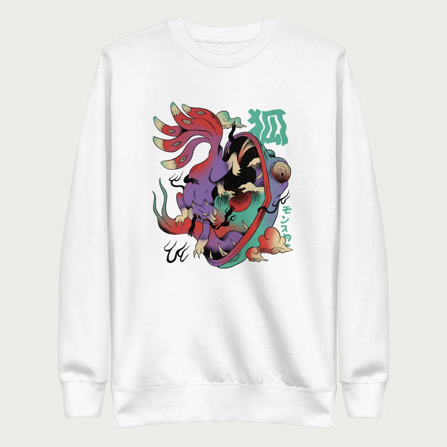 White sweatshirt with Japanese text and a psychedelic Japanese fox graphic featuring vibrant colors and intricate details.