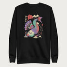 Black sweatshirt with a vibrant psychedelic Japanese koi fish graphic featuring intricate details and Japanese text.