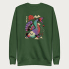 Forest green sweatshirt with a vibrant psychedelic Japanese koi fish graphic featuring intricate details and Japanese text.