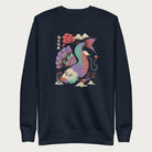 Navy blue sweatshirt with a vibrant psychedelic Japanese koi fish graphic featuring intricate details and Japanese text.