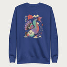 Royal blue sweatshirt with a vibrant psychedelic Japanese koi fish graphic featuring intricate details and Japanese text.