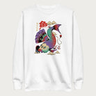 White sweatshirt with a vibrant psychedelic Japanese koi fish graphic featuring intricate details and Japanese text.