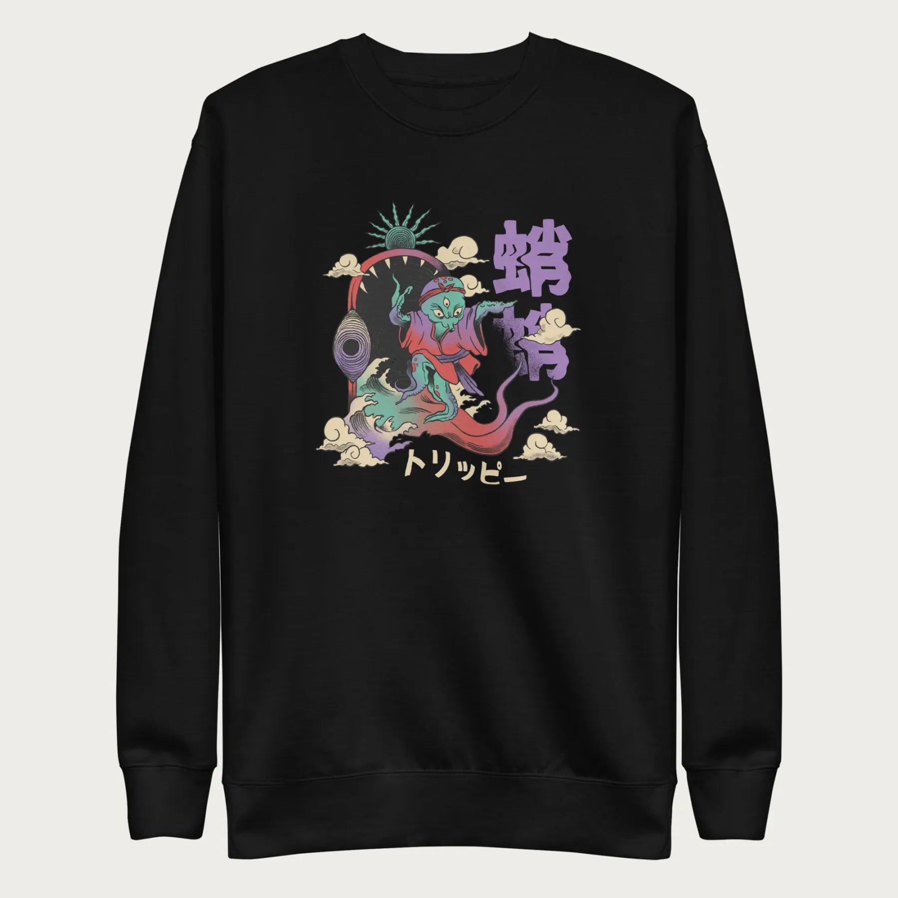 Black sweatshirt with a vibrant psychedelic Japanese octopus graphic with Japanese text.