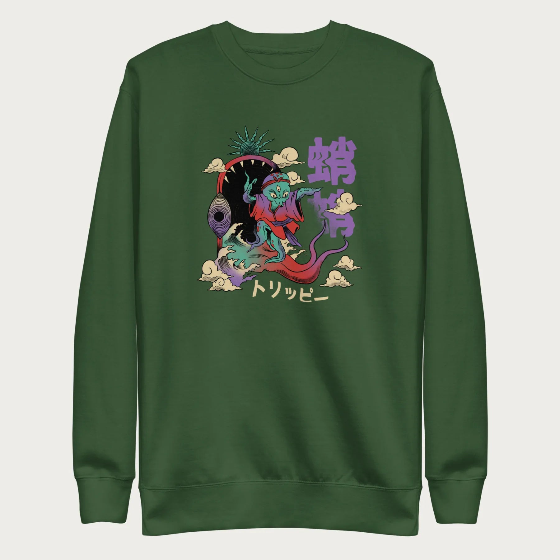 Forest green sweatshirt with a vibrant psychedelic Japanese octopus graphic with Japanese text.