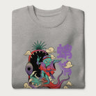 Folded light grey sweatshirt with a vibrant psychedelic Japanese octopus graphic with Japanese text.