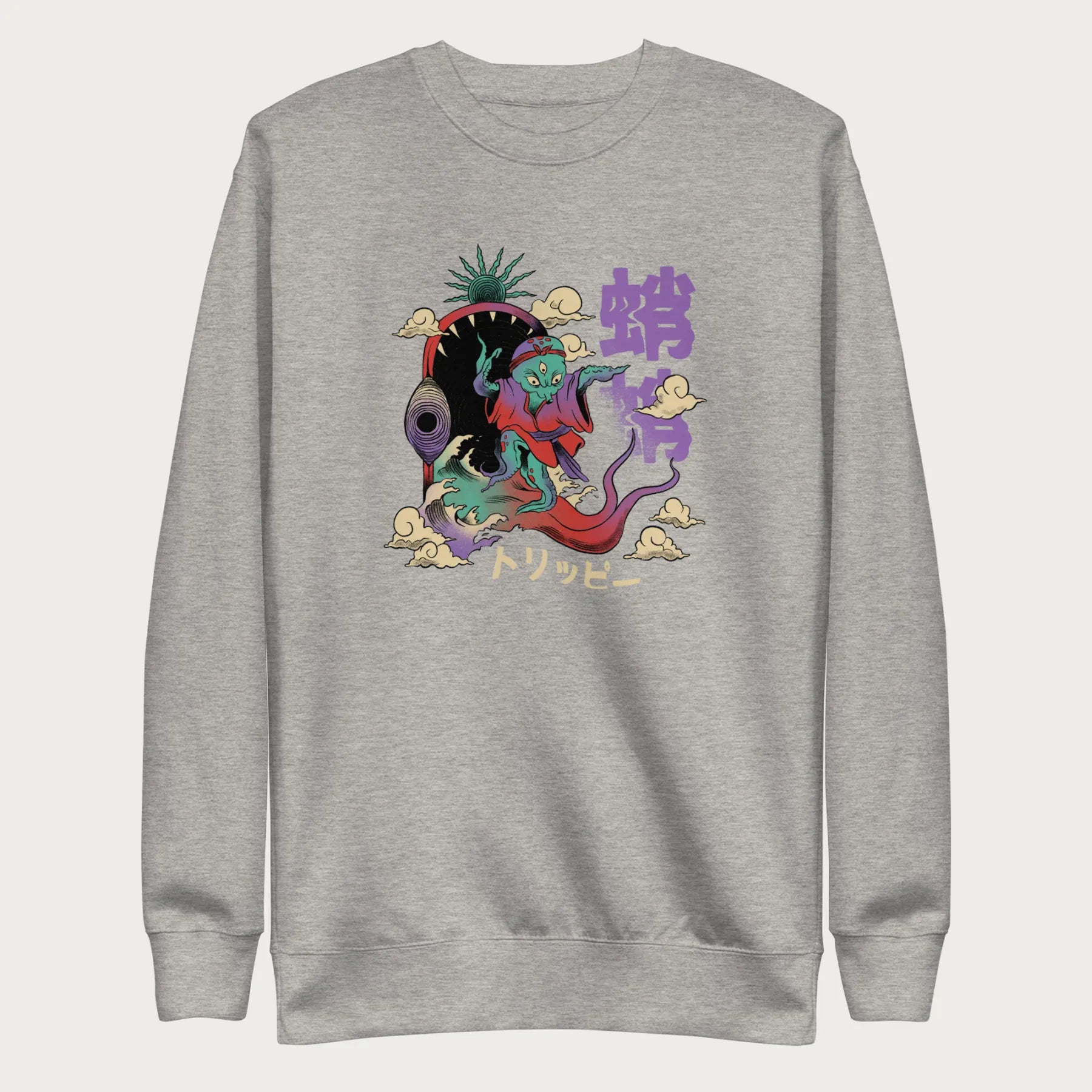 Light grey sweatshirt with a vibrant psychedelic Japanese octopus graphic with Japanese text.