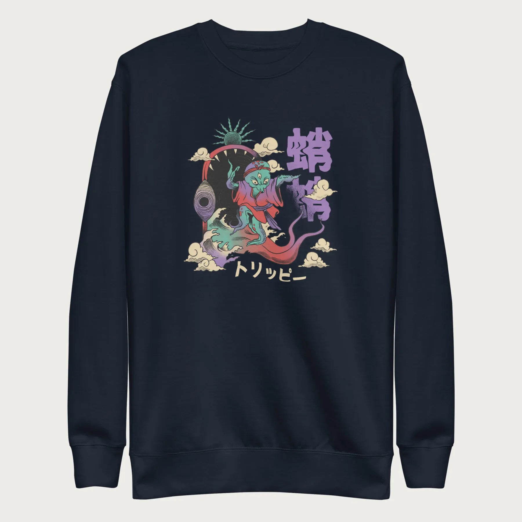 Navy blue sweatshirt with a vibrant psychedelic Japanese octopus graphic with Japanese text.