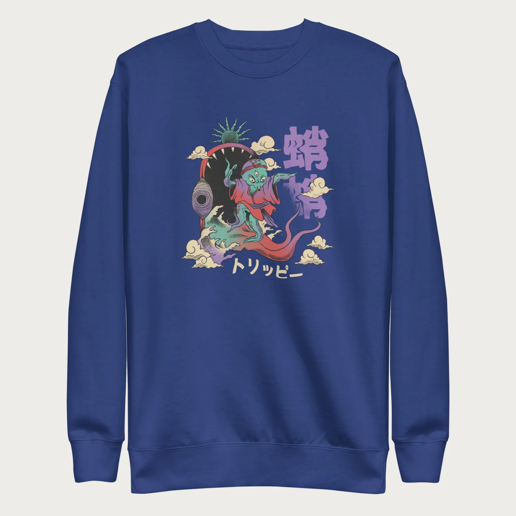 Royal blue sweatshirt with a vibrant psychedelic Japanese octopus graphic with Japanese text.