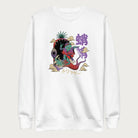 White sweatshirt with a vibrant psychedelic Japanese octopus graphic with Japanese text.