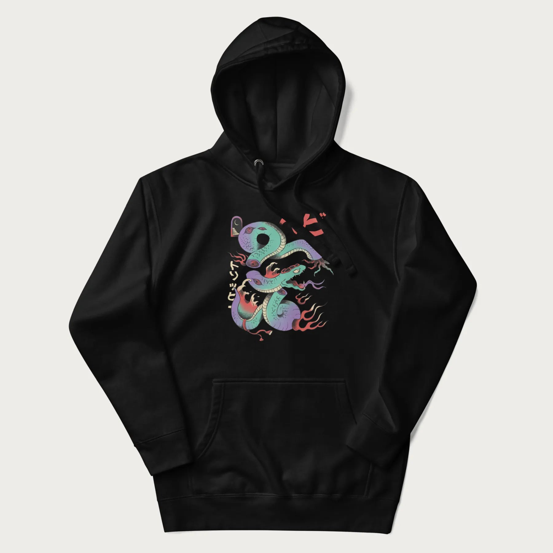 Black hoodie with Japanese psychedelic snake graphic, with Japanese text 'ヘビ' (Snake) and 'トリッピー' (Trippy) in vibrant colors.