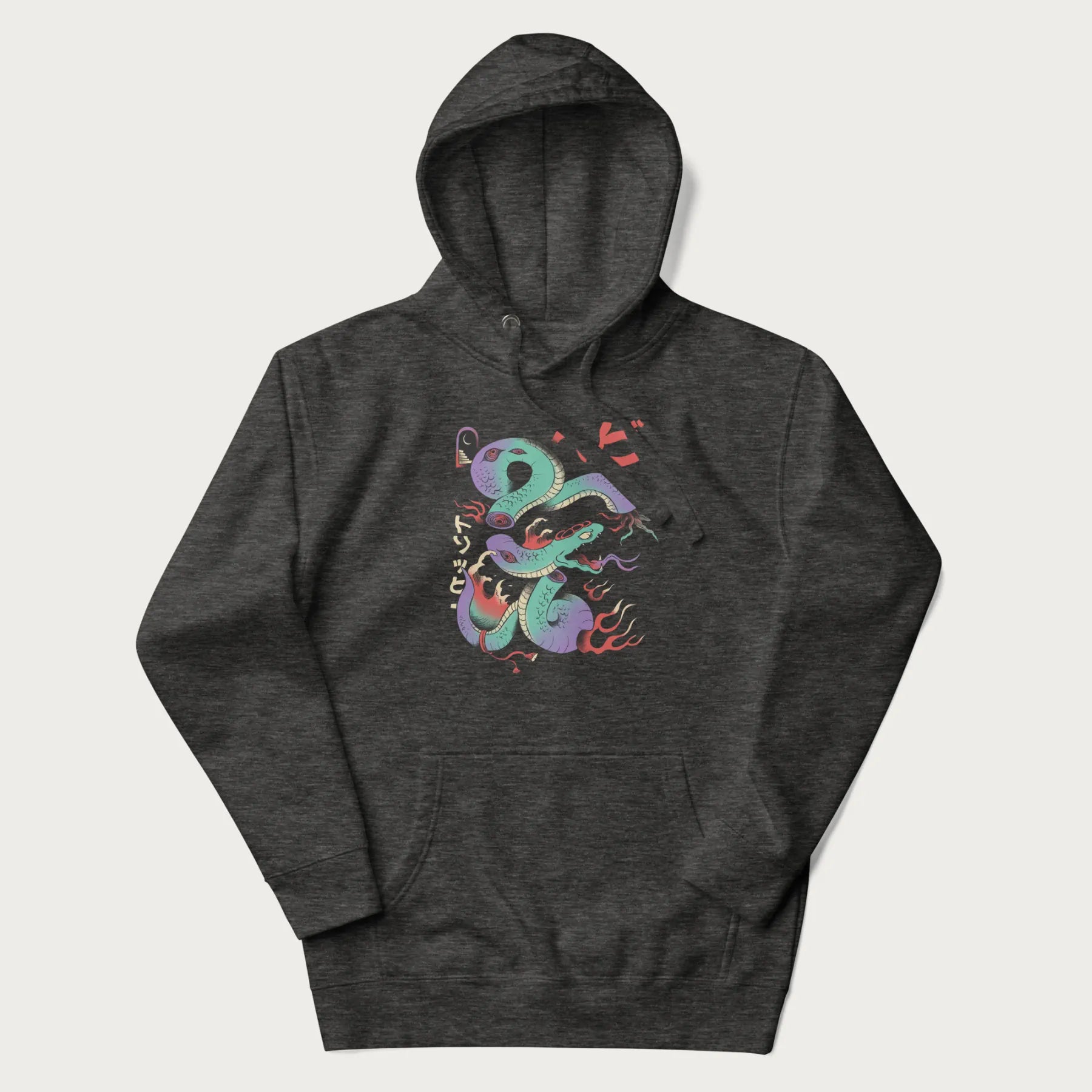 Dark grey hoodie with Japanese psychedelic snake graphic, with Japanese text 'ヘビ' (Snake) and 'トリッピー' (Trippy) in vibrant colors.