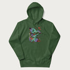 Forest green hoodie with Japanese psychedelic snake graphic, with Japanese text 'ヘビ' (Snake) and 'トリッピー' (Trippy) in vibrant colors.