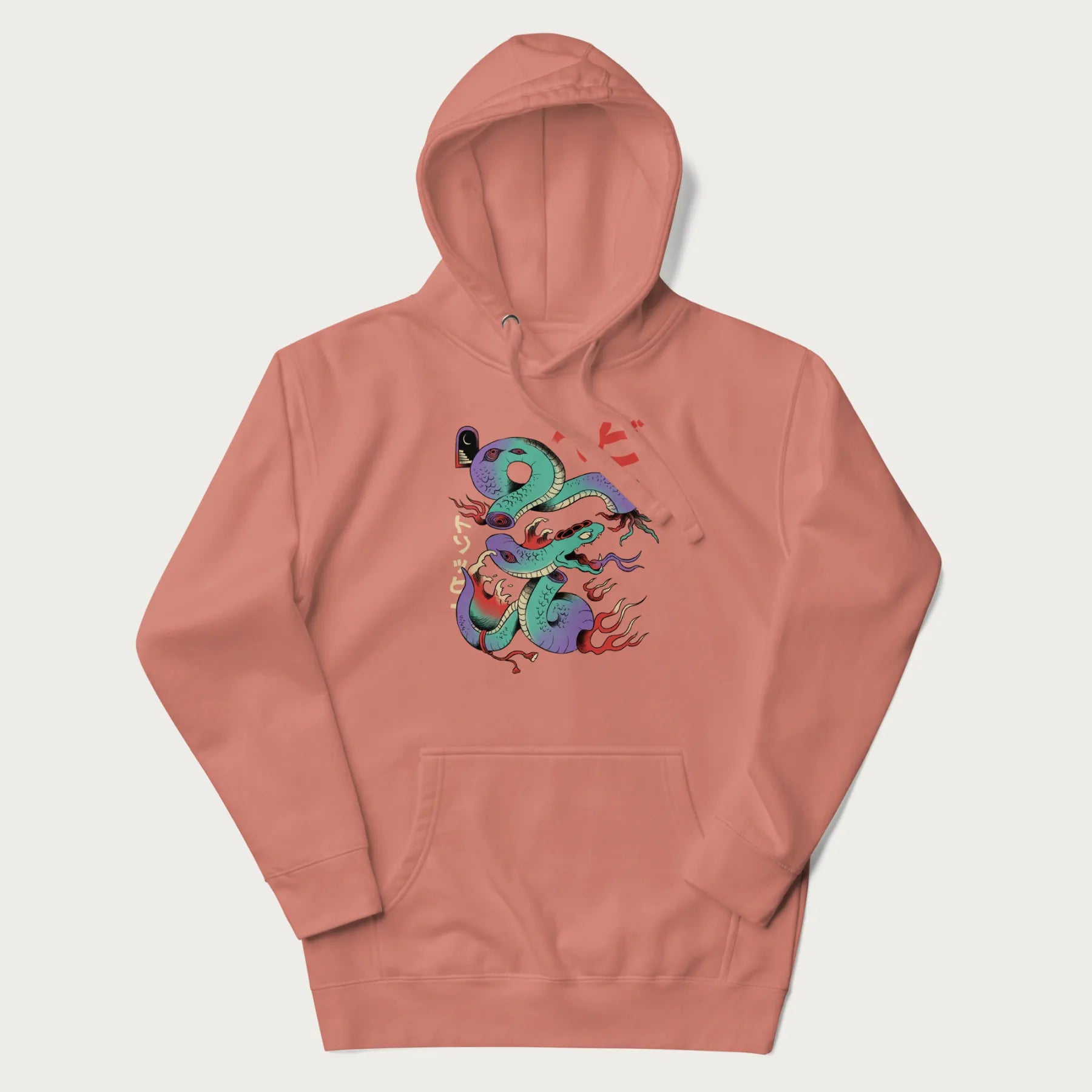 Light pink hoodie with Japanese psychedelic snake graphic, with Japanese text 'ヘビ' (Snake) and 'トリッピー' (Trippy) in vibrant colors.