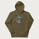 Military green hoodie with Japanese psychedelic snake graphic, with Japanese text 'ヘビ' (Snake) and 'トリッピー' (Trippy) in vibrant colors.