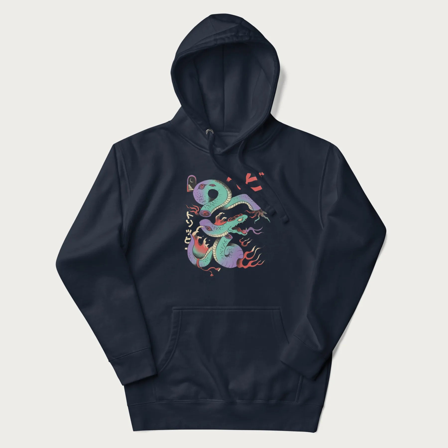 Navy blue hoodie with Japanese psychedelic snake graphic, with Japanese text 'ヘビ' (Snake) and 'トリッピー' (Trippy) in vibrant colors.