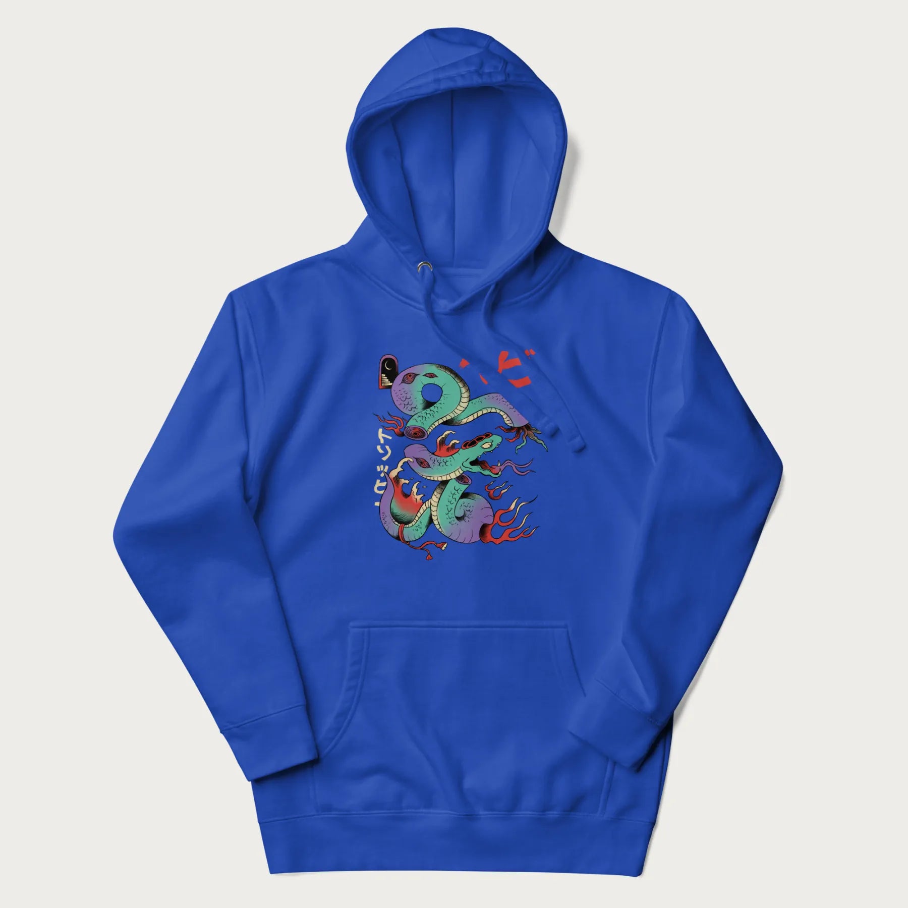 Royal blue hoodie with Japanese psychedelic snake graphic, with Japanese text 'ヘビ' (Snake) and 'トリッピー' (Trippy) in vibrant colors.