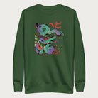 Forest green sweatshirt with a vibrant psychedelic Japanese snake graphic with Japanese text.