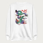 Folded white sweatshirt with a vibrant psychedelic Japanese snake graphic with Japanese text.