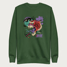 Forest green sweatshirt with a psychedelic Japanese tiger graphic featuring vibrant colors and bold details, including Japanese characters.