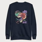 Navy blue sweatshirt with a psychedelic Japanese tiger graphic featuring vibrant colors and bold details, including Japanese characters.