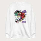 White sweatshirt with a psychedelic Japanese tiger graphic featuring vibrant colors and bold details, including Japanese characters.