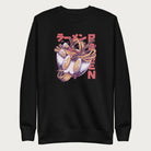 Black sweatshirt with a vibrant graphic of a bowl of ramen noodles, depicted in a dynamic, cartoonish style with bold Japanese text.