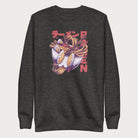 Dark grey sweatshirt with a vibrant graphic of a bowl of ramen noodles, depicted in a dynamic, cartoonish style with bold Japanese text.