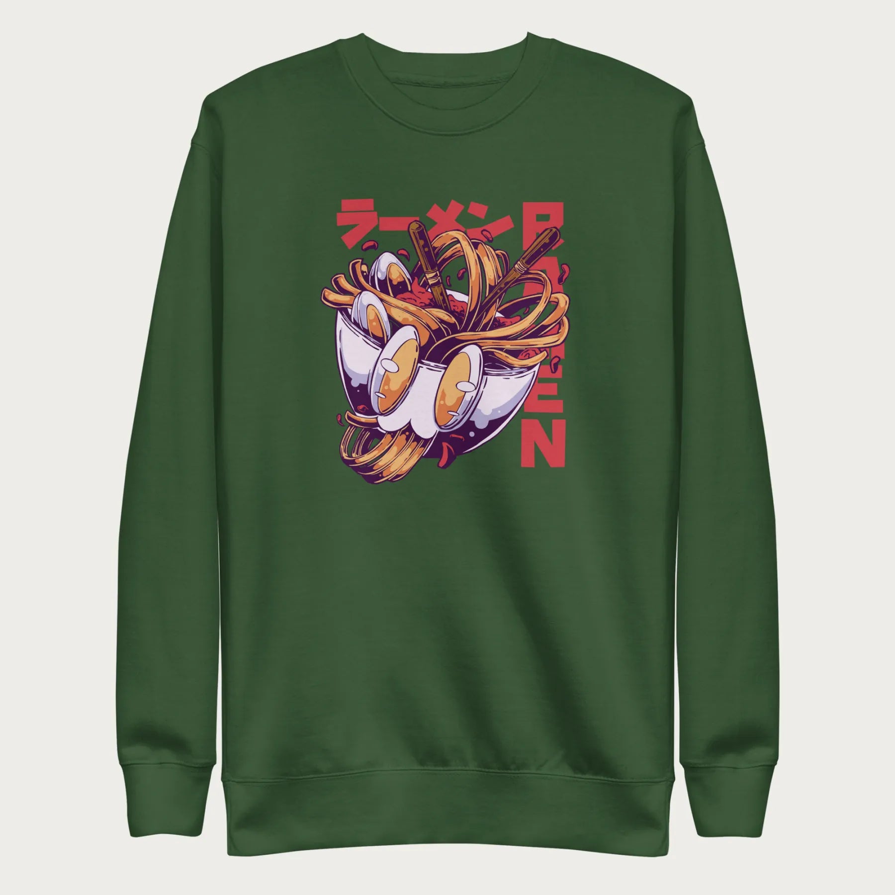 Forest green sweatshirt with a vibrant graphic of a bowl of ramen noodles, depicted in a dynamic, cartoonish style with bold Japanese text.